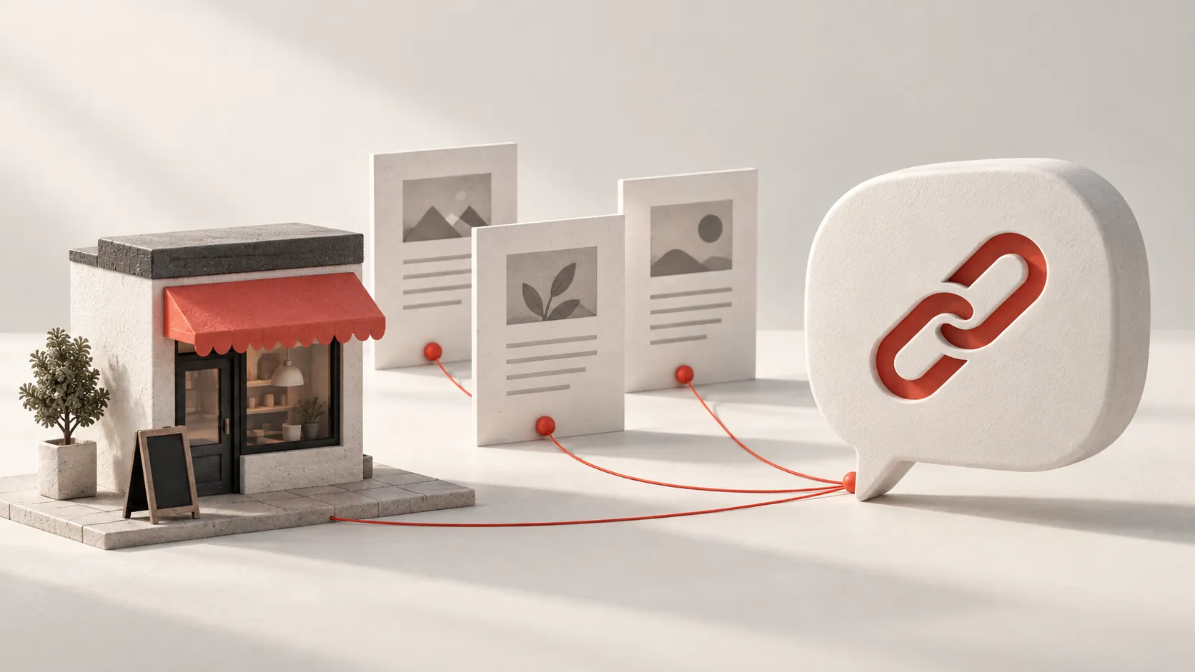 Illustration of a local storefront and source documents connected to an answer bubble with a link symbol.