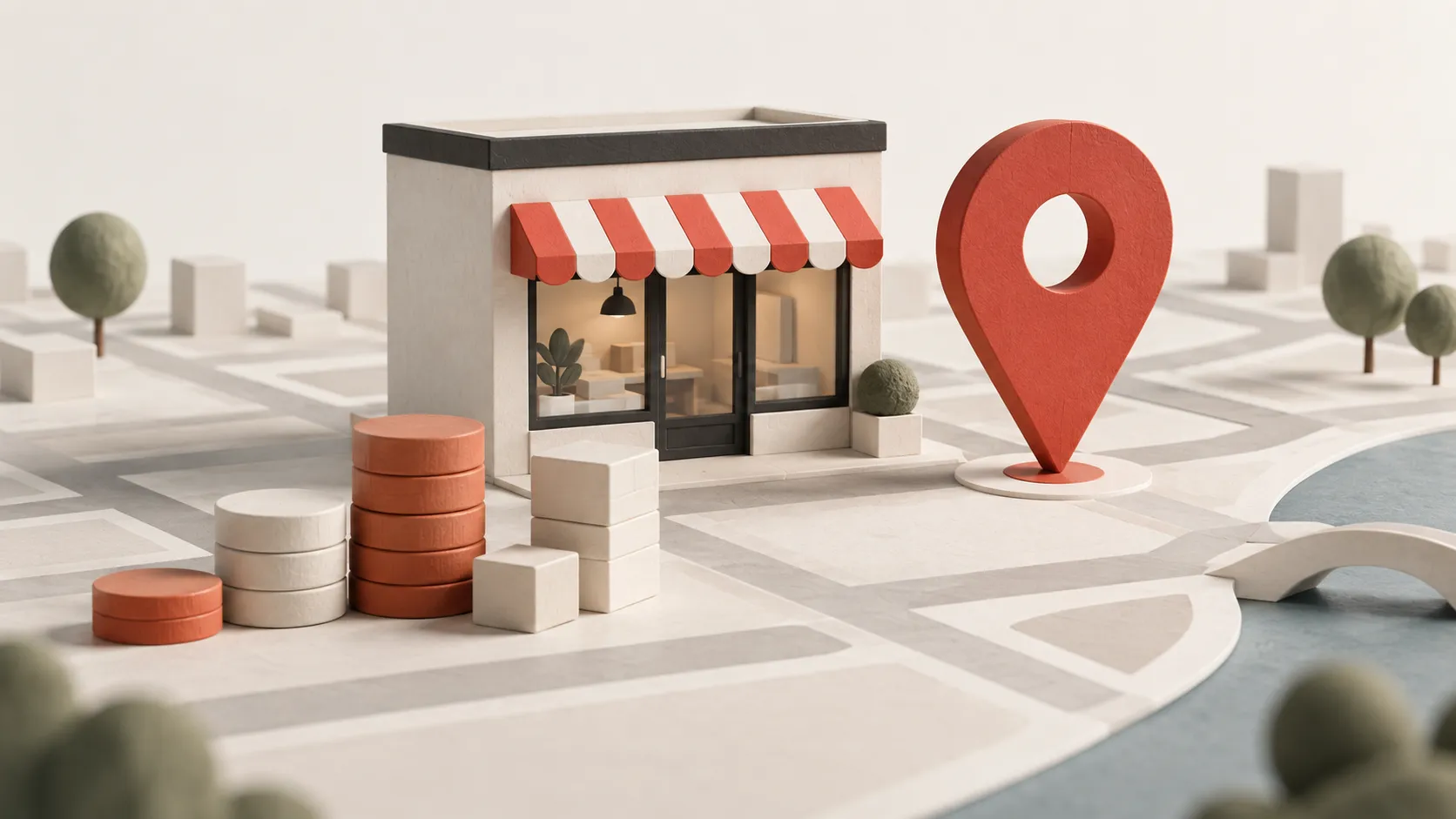 Illustration of a local storefront on a street map beside a red location pin and stacked budget tokens.