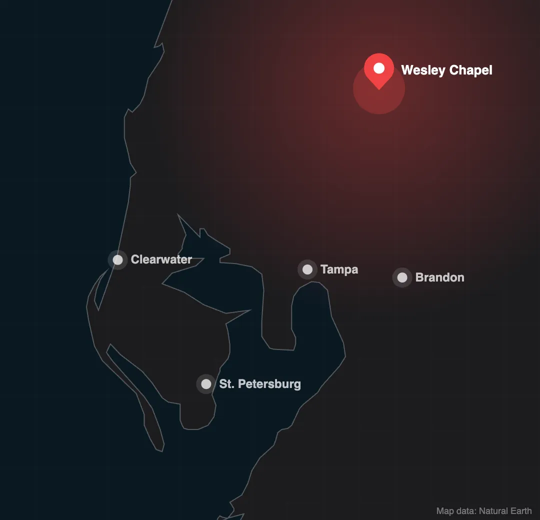 Map of Tampa Bay with Agency Crate's home base in Wesley Chapel marked, plus Clearwater, Tampa, Brandon, and St. Petersburg